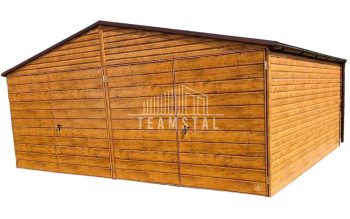 GARAŻ BLASZANY 6m x 5m poziom - dwuspad Brama dwuskrzydłowa - jasny orzech TS220 6x5