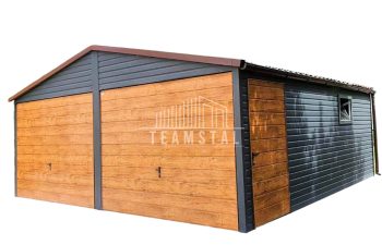 GARAŻ BLASZANY 6m x 5,5m dwuspad - 2x Brama uchylna + drzwi + okno - antracyt - drewnopodobny TS237 6x5,5