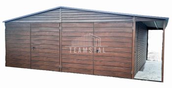 GARAŻ BLASZANY 6m x 5,8m poziom + wiata - dwuspad - 2x Brama + drzwi - drewnopodobny TS273 6x5,8
