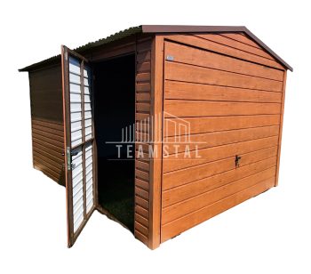 GARAŻ BLASZANY 3m x 4m poziom - dwuspad Brama + drzwi jasny orzech TS227 3x4