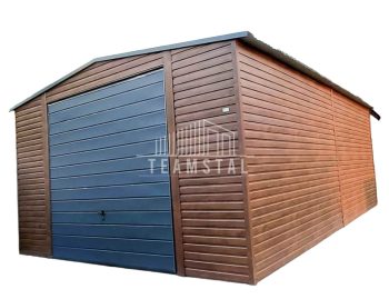 GARAŻ BLASZANY 5m x 7m poziom - dwuspad - Brama uchylna - ciemny orzech - podwyższenie TS236 5x7