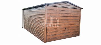 GARAŻ BLASZANY 3m x 6m poziom - dwuspad - Brama uchylna - ciemny orzech rynny TS268 3x6