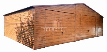 GARAŻ BLASZANY 9m x 6m poziom - dwuspad 2x Brama + drzwi - jasny orzech TS257 9x6