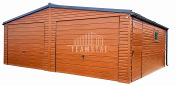 GARAŻ BLASZANY 7m x 6m poziom - dwuspad 2x Brama + dodatkowe drzwi -  drewnopodobny TS254 7x6