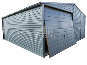 GARAŻ BLASZANY 6m x 6m poziom - dwuspad - Brama uchylna - grafit antracyt - okno + drzwi TS246 6x6