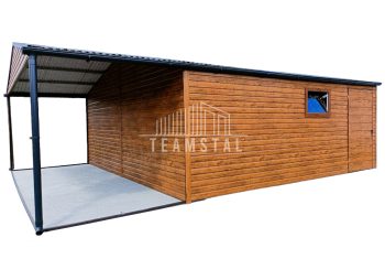 GARAŻ BLASZANY 6m x 6m poziom - dwuspad 2x Brama - jasny orzech - wiata - drzwi- okno pcv TS121 6x6