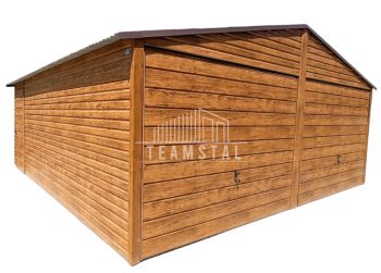 GARAŻ BLASZANY 6m x 6m poziom - dwuspad 2x Brama + dodatkowe drzwi - drewnopodobny TS249 6x6