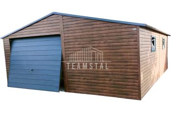 GARAŻ BLASZANY 6m x 6m dwuspad - Brama uchylna - ciemny orzech - dodatkowe drzwi - 2x okno TS244 6x6