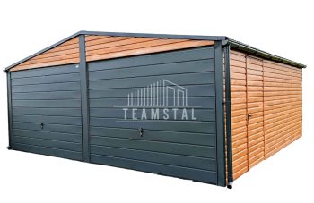 GARAŻ BLASZANY 6m x 6m poziom - dwuspad 2x Brama - jasny orzech + antracyt - drzwi dodatkowe TS248 6x6