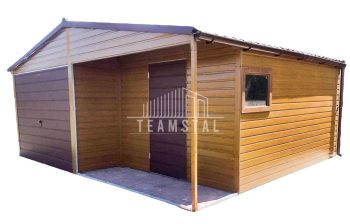 GARAŻ BLASZANY 6m x 6m poziom - dwuspad  - Brama + drzwi + okno - wnęka jasny orzech + brąz TS316 6x6