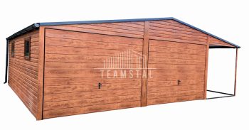 GARAŻ BLASZANY 6m x 6m + 2m. wiata  poziom - dwuspad 2x Brama uchylna  + drzwi + 2x okno - drewnopodobny TS263 6x6