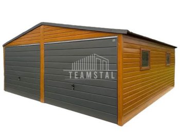 GARAŻ BLASZANY 6m x 6m poziom - dwuspad  - 2x Brama + drzwi + 2x okno - złoty dąb drewnopodobny + antracyt TS315 6x6