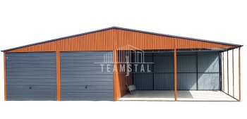 GARAŻ BLASZANY 6m x 6m poziom + wiata 6m x 6m - dwuspad 2x Brama uchylna + 2x wiata + drzwi - jasny orzech ANTRACYT   TS266