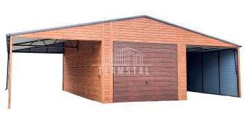 GARAŻ BLASZANY 6,5m x 6m + 3m. wiata - poziom - dwuspad 2x Brama uchylna + drzwi + 2x okno - drewnopodobny TS262 6,5x6