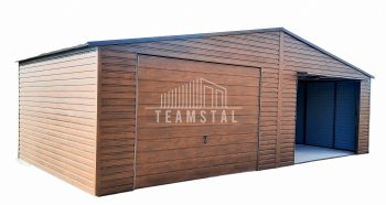 GARAŻ BLASZANY 8m x 6m poziom - dwuspad - 2x Brama uchylna - ciemny orzech drewnopodobny TS297  8x6