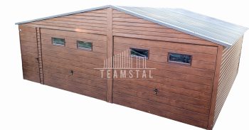 GARAŻ BLASZANY 7m x 6m poziom - dwuspad - 2x Brama + drzwi + 4x okno -drewnopodobny TS295 7x6