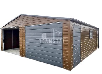 GARAŻ BLASZANY 7m x 6m poziom - dwuspad - 2x Brama + drzwi + 2x okno - drewnopodobny + antracyt TS319 7x6