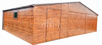 GARAŻ BLASZANY 9m x 7m poziom - dwuspad 2x Brama uchylna + 2x drzwi - jasny orzech - pomieszczenie gospodarcze TS265 9x7