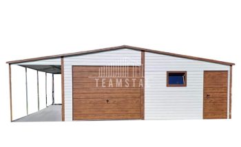 GARAŻ BLASZANY 6m x 6m + wiata 2,5m x 6m - dwuspad Brama + 3x okno  + drzwi -biały +  jasny orzech TS382