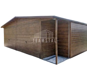 GARAŻ BLASZANY 7m x 7m + wnęka dwuspad  - 2x Brama + drzwi  - Rynny - ciemny orzech drewnopodobny  TS381 7x7