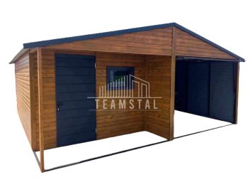 GARAŻ BLASZANY 6m x 6m poziom - dwuspad  - Brama + drzwi + okno - wnęka jasny orzech + brąz TS377 3,5x6