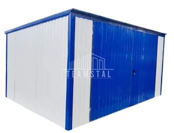 GARAŻ BLASZANY 4m x 5m pion - spad w tył - Brama - niebieski + biały TS283 4x5