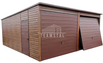 GARAŻ BLASZANY 6m x 5,8m poziom - spad tył 2x Brama uchylna + drzwi - ciemny orzech - drewnopodony TS241 6x5,8