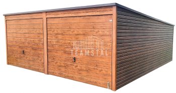 GARAŻ BLASZANY 6m x 5,8m poziom - spad tył - 2x Brama uchylna + drzwi - jasny orzech - drewnopodobny TS294 6x5,8