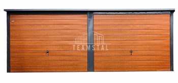 GARAŻ BLASZANY 6m x 6m spad tył - 2x Brama uchylna - złoty dąb + antracyt TS222  6x6