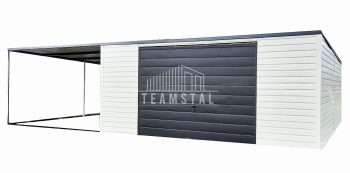 GARAŻ BLASZANY 6m x 6m poziom - wiata - spad tył - Brama uchylna + drzwi - czarny + biały TS299  6x6