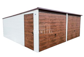 GARAŻ BLASZANY 6m x 6m poziom - spad tył 2x Brama uchylna - ciemny orzech + biały - dodatkowe drzwi TS252 6x6