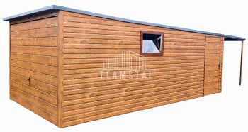 GARAŻ BLASZANY 3m x 6m poziom - spad tył Brama uchylna - wiata - dodatkowe drzwi + okno PCV - drewnopodobny  TS214 3x6