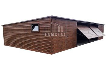 GARAŻ BLASZANY 12m x 5m poziom - spad tył 4x Brama - ciemny orzech TS224 12x5