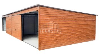GARAŻ BLASZANY 12m x 6m poziom - spad tył  - 4x Brama uchylna - jasny orzech drewnopodobny TS298 12x6