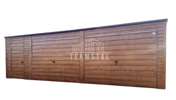 GARAŻ BLASZANY 8m x 6m poziom - spad tył - 2x Brama uchylna  + drzwi - drewnopodobny TS312 8x6