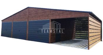 GARAŻ BLASZANY 9m x 5m + Wiata 3m - 2x drzwi - 3x Brama uchylna -rynny - ciemny orzech TS483  9x5
