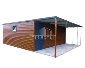 GARAŻ BLASZANY 6m x 5m spad w bok wiata - drzwi + okno PCV - drewnopodobny  TS378 6x5