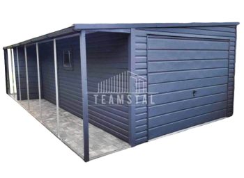 GARAŻ BLASZANY 3,3m x 7m spad w bok Brama uchylna - wiata - drzwi + okno PCV - rynna - Antracyt  TS376 3,5x7