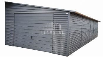 GARAŻ BLASZANY 5m x 8m poziom - spad w prawo - Brama uchylna + drzwi - antracyt grafit TS291 5x8