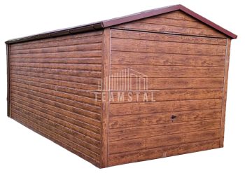 GARAŻ BLASZANY 3m x 6m poziom - dwuspad - Brama uchylna - ciemny orzech rynny 3x6 TS493