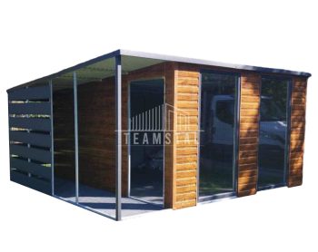 SCHOWEK - DOMEK OGRODOWY 3m x 4m + wiata 1m spad w tył jasny orzech   TS510 3x4