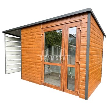 SCHOWEK - DOMEK OGRODOWY 2,5m x 2m + wiata 1,3m spad w tył jasny orzech   TS511 2,5x2
