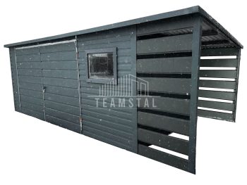 Domek Ogrodowy - Schowek Blaszany 5x3 + Wiata - okno - drzwi - Antracyt - dach Spad w tył TS532