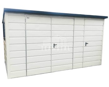 SCHOWEK - DOMEK OGRODOWY 2,5x2 m + wiata 1x2 m - brama dwuskrzydłowa - okno - drzwi - spad w tył - biały  TS614