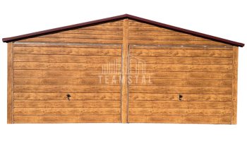 Garaż Blaszany 6x6m 2x Brama uchylna - 2x Okno - Jasny orzech - Drewnopodobny - Rynny - dach Dwuspadowy  TS637