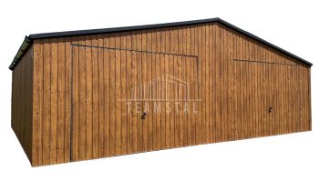Garaż Blaszany 8x6m 2x Brama uchylna - Drzwi - Jasny Orzech - Drewnopodobny - Rynny - Dach Dwuspadowy TS638