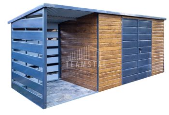 Schowek - Domek ogrodowy 4x2m + Wiata 1,5m - Drzwi - Jasny Orzech - Drewnopodobny - Dach Spad w tył   TS639