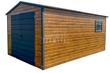 Garaż Blaszany 3,5x5m - Brama Dwuszkrzydłowa - Okno - Jasny orzech - Drewnopodobny - Antracyt - Dach Dwuspadowy  TS644