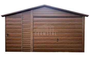 Garaż Blaszany 4,5x6m + Wiata 1,5m - Brama Uchylna - Drzwi - Ciemny Orzech - Drewnopodobny - dach dwuspadowy  TS648
