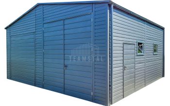 Garaż Blaszany 7x6m - Brama Uchylna - Brama Dwuskrzydłowa - Drzwi - 4x Okno -Antracyt - Rynny - Dach Dwuspadowy TS691